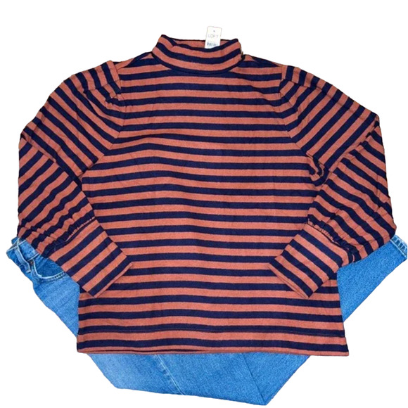 NWT Loft Rust/Brown & Navy Striped Soft Knit Mock Neck Top - Picture 1 of 7